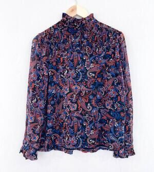 Willow Drive Women's Paisley Print Chiffon Blouse Long Sleeve Ruffle Cuff Small